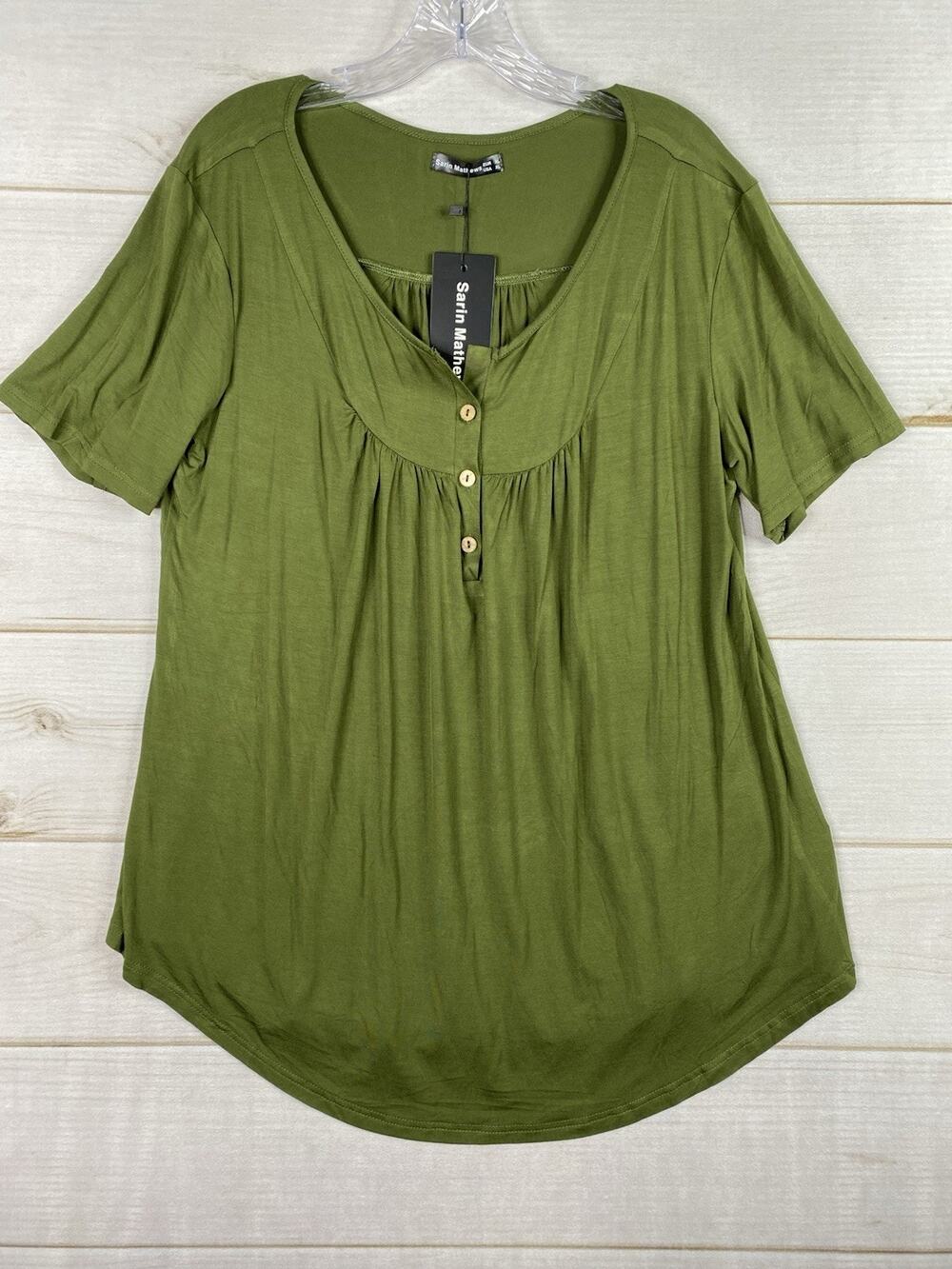 Sarin Mathews Top Womens XL Green Short Sleeve Pleated 1/4 Button V Neck Stretch